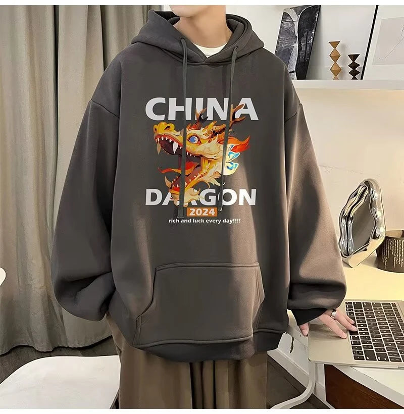 2024 New China Dragon Graphic Hoodies Men Hip Hop Streetwear Hoodie