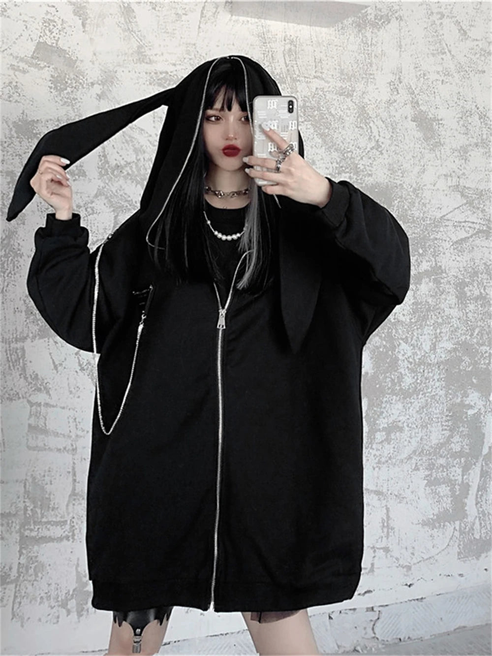 Autumn Winter Emo Bunny Hoodie Women Zip Up Kawaii Sweatshirt Rabbit E