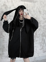 Autumn Winter Emo Bunny Hoodie Women Zip Up Kawaii Sweatshirt Rabbit E
