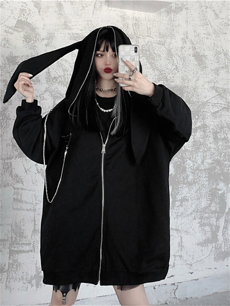 Autumn Winter Emo Bunny Hoodie Women Zip Up Kawaii Sweatshirt Rabbit E