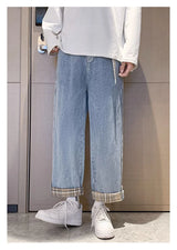 2024 new plaid trouser legs jeans for men casual baggy straight denim pants korean fashion y2k streetwear pantalones hombre jean unique jeans style 3564