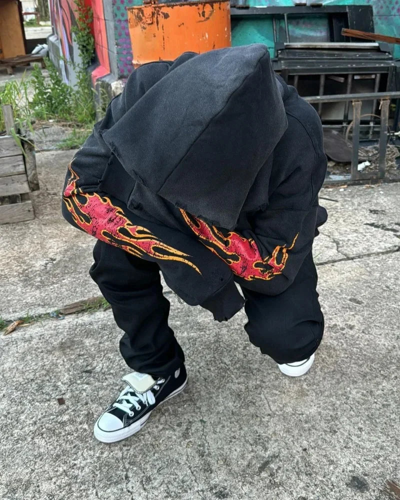 American Street Trend Fashion Flame Print Fashion Zipper Hoodie Women