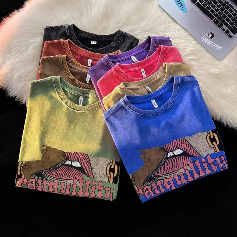 Glitchcore Aesthetic piece – Pure Cotton Heavyweight T Shirt Mens Summer American Retro W