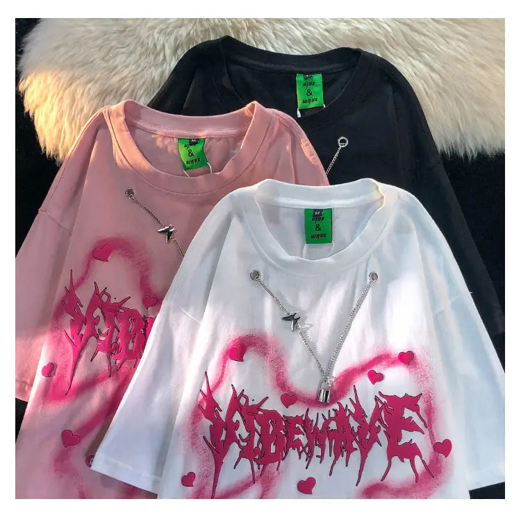 Y2k Barcode glitch – Hip Hop Street Personality Heart Print Round Neck Short Sleeve