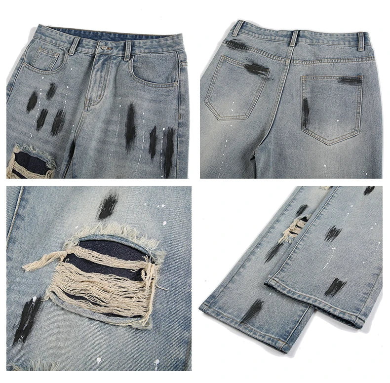 graffiti printed ripped destroied denim jean mens distressed biker jeans trousers new fashion high street straight pants joggers unique joggers style 2739