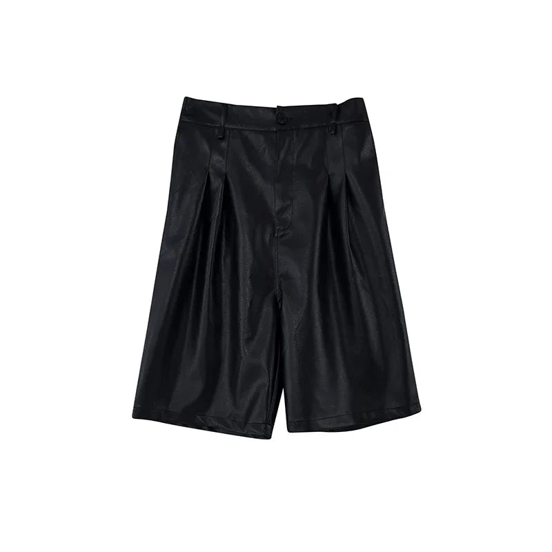 men japanses korean streetwear fashion hip hop loose casual dark black wide leg leather shorts male short pant unique shorts style 927