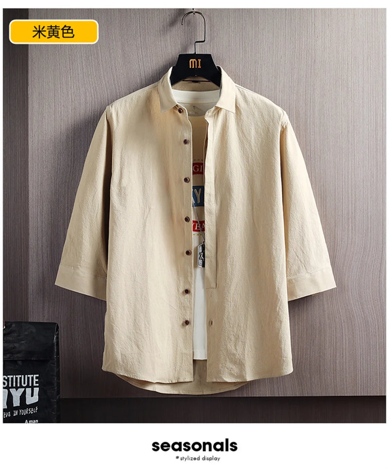 Wetailor New Summer Hot Sale Men's Short Sleeve Shirts Solid Color Easy Care Comfortable Stand-Up Collar Casual Beach Style