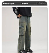spring and autumn retro men and women trendy straight tube multi pocket work clothes jeans american couple loose casual pants unique jeans style 33
