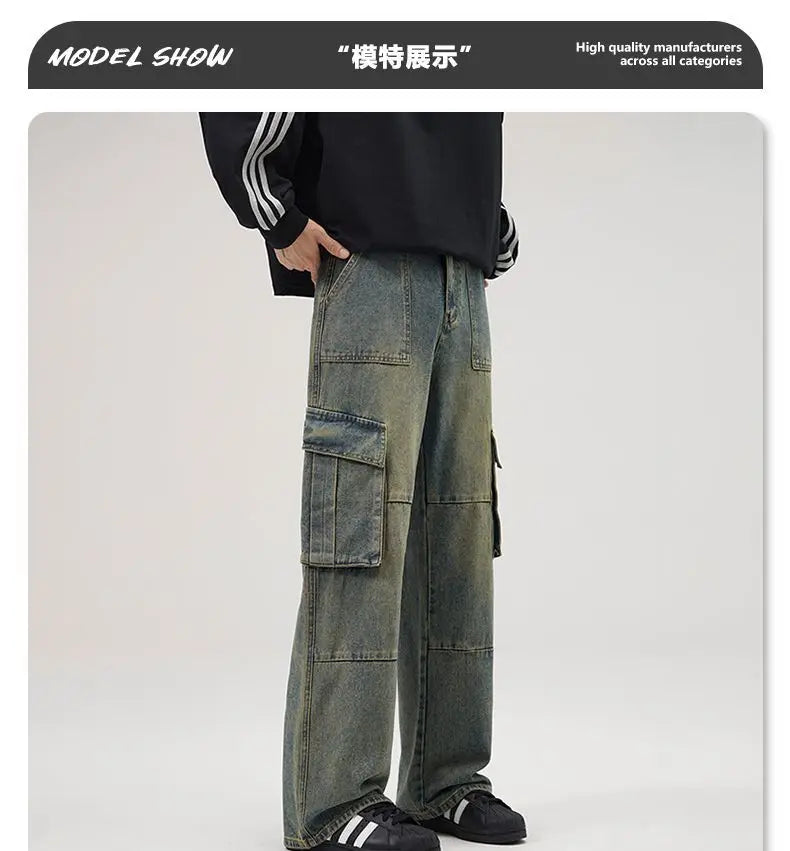 spring and autumn retro men and women trendy straight tube multi pocket work clothes jeans american couple loose casual pants unique jeans style 33