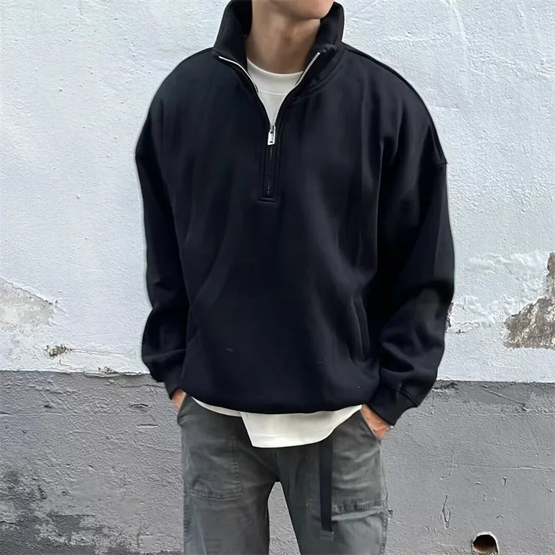2024 New Half Zipper Design Sweatshirts For Men Autumn Y2K Vintage Stand Collar Pullover Hoodies Korean Fashion Casual
