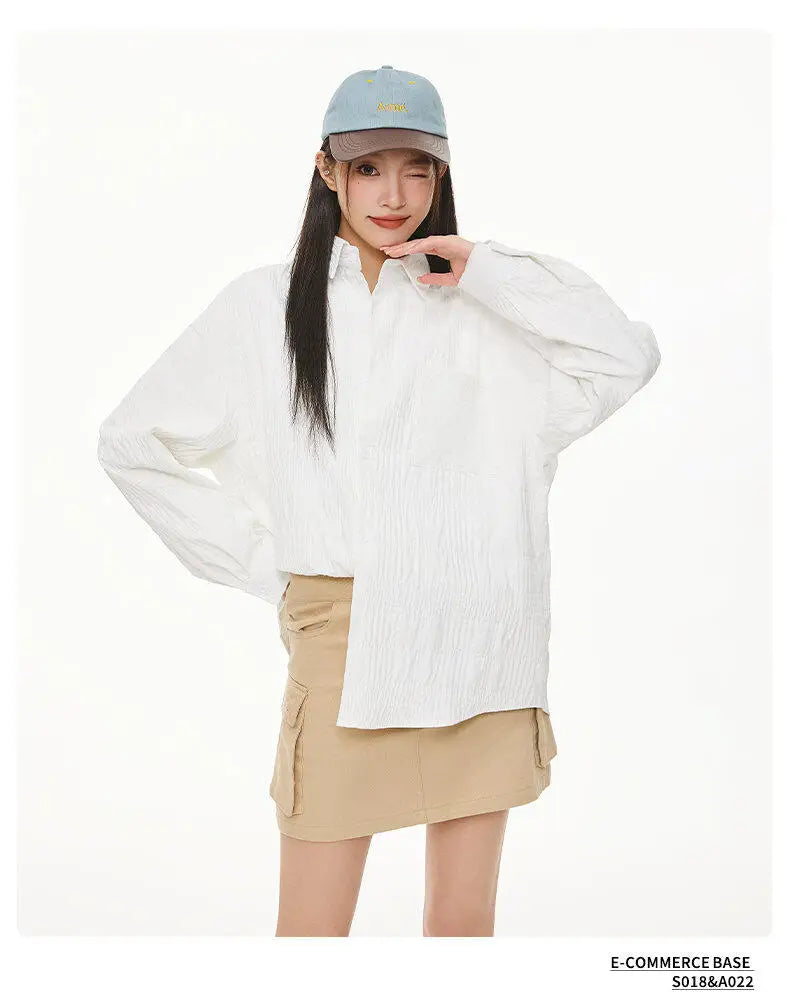 Wrinkled Fabric Casual Long Sleeve Shirt Men and Women Solid Color Streetwear Fashion Loose Black White Shirts Oversize Blouses