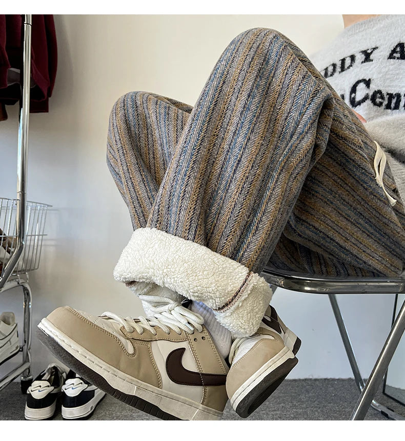 high quality stripe plaid mens trousers baggy straight fashion classic padded autumn winter casual pants male plus size m 8xl unique default style 1161