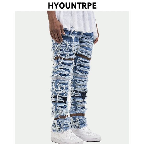 destroied ripped denim jean pants men distressed washed patchwork biker jeans fashion moustache high street slim pants joggers streetwear sweatpants