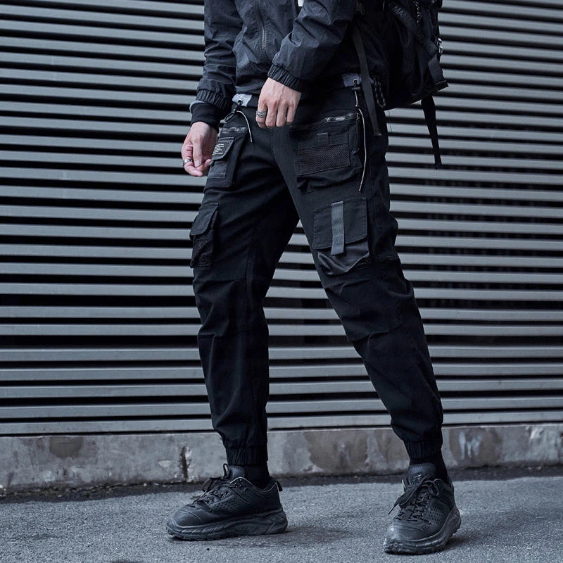 mens cargo pants elastic waist trousers streetwear hip hop loose fit ankle drawstring military pockets sweatpants joggers black unique joggers style 4103