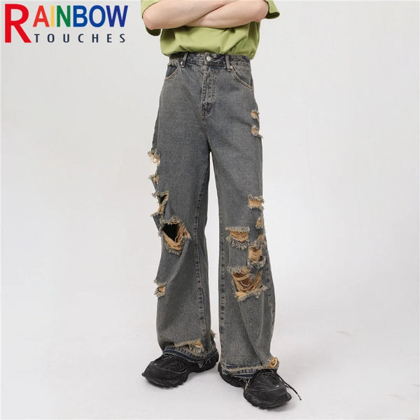 rainbowtouches 2022 men washed jeans vintage high street hole design fashion jeans popular loose straight hip hop long pants vintage washed jeans