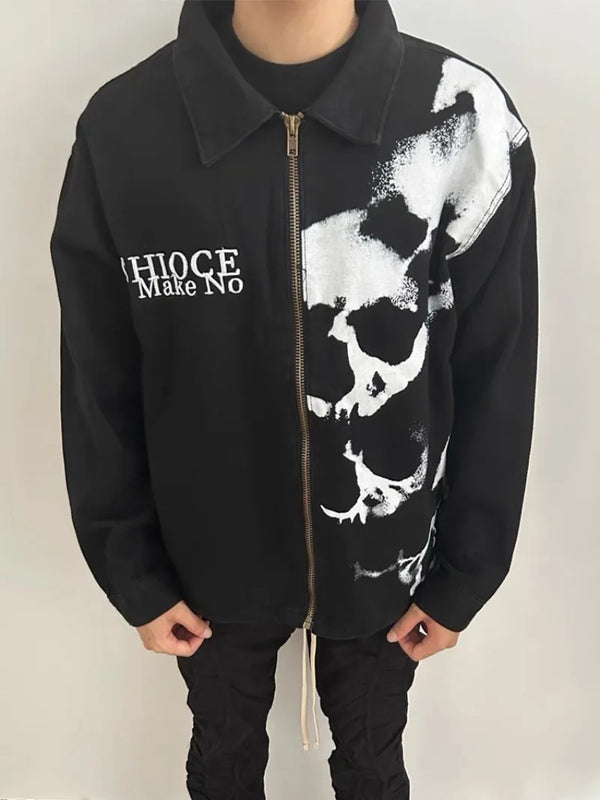 skulls printed harajuku denim jacket and coat mens fashion hip hop full zipper outerwear casual loose streetwear jeans jacket - variant style 847489 for streetwear fashion