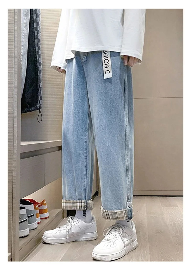 2024 new plaid trouser legs jeans for men casual baggy straight denim pants korean fashion y2k streetwear pantalones hombre jean unique jeans style 3566