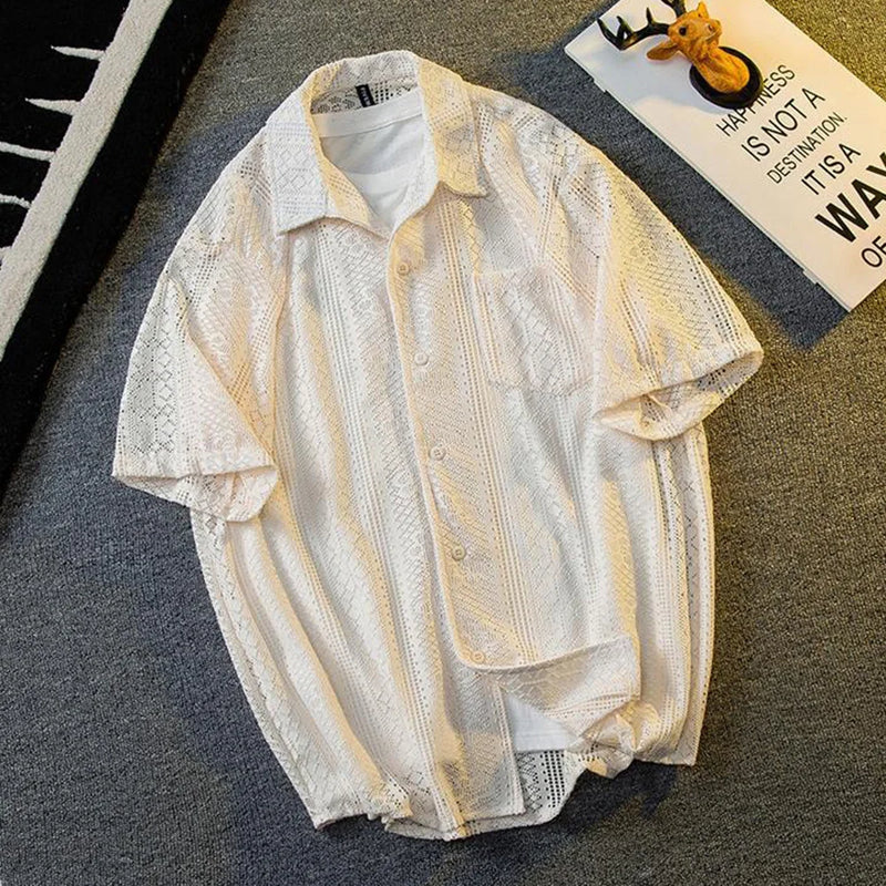 Mens Hollow Lace Elegant Short Sleeve Lazy Style Casual Breathable Personality Hollow Design Thin Shirt Unisex 2024 Summer New