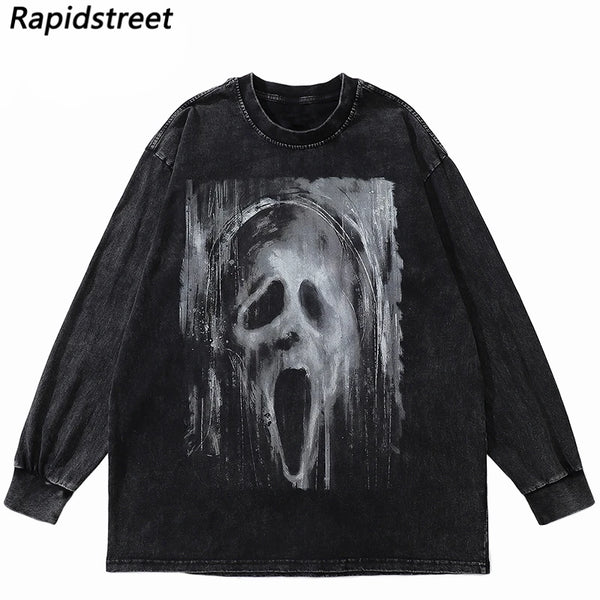 Y2K Graphic Tee – Hip Hop Long Sleeve Tshirt Streetwear Ghost Graphic – Edgy Streetwear for All Genders