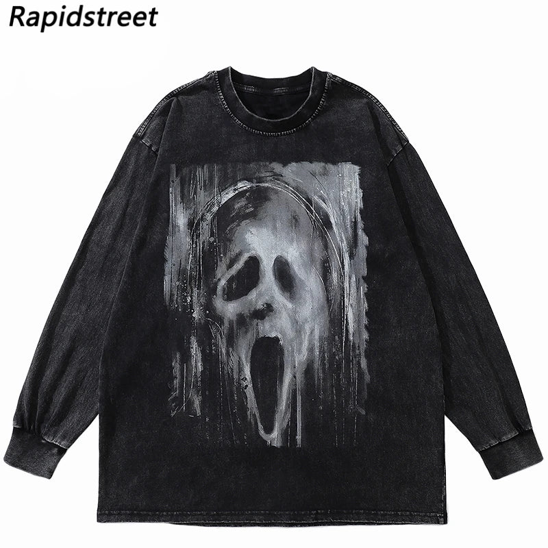 Y2K Graphic Tee – Hip Hop Long Sleeve Tshirt Streetwear Ghost Graphic – Edgy Streetwear for All Genders