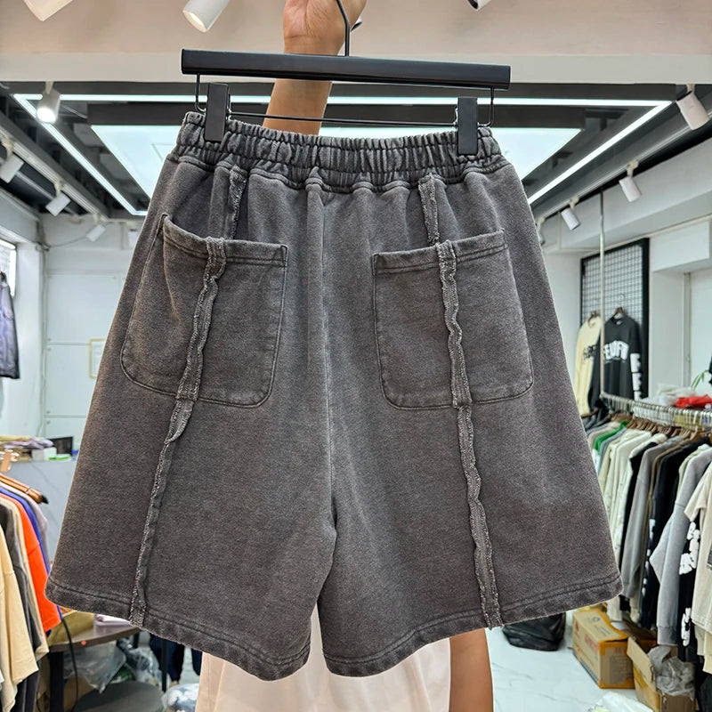 New 2024 Novelty High THUG CLUB Old Washed Rhine Stone Heavy Skateboard Street Cotton Casual Shorts Kanye Hip-hop Parkour #U46