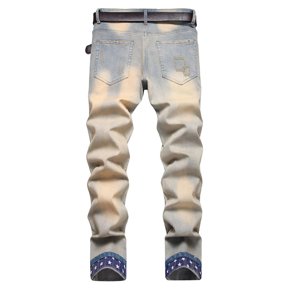 star splicing men jeans vintage blue straight denim pants y2k streetwear man fashion jeans trousers unique jeans style 4606