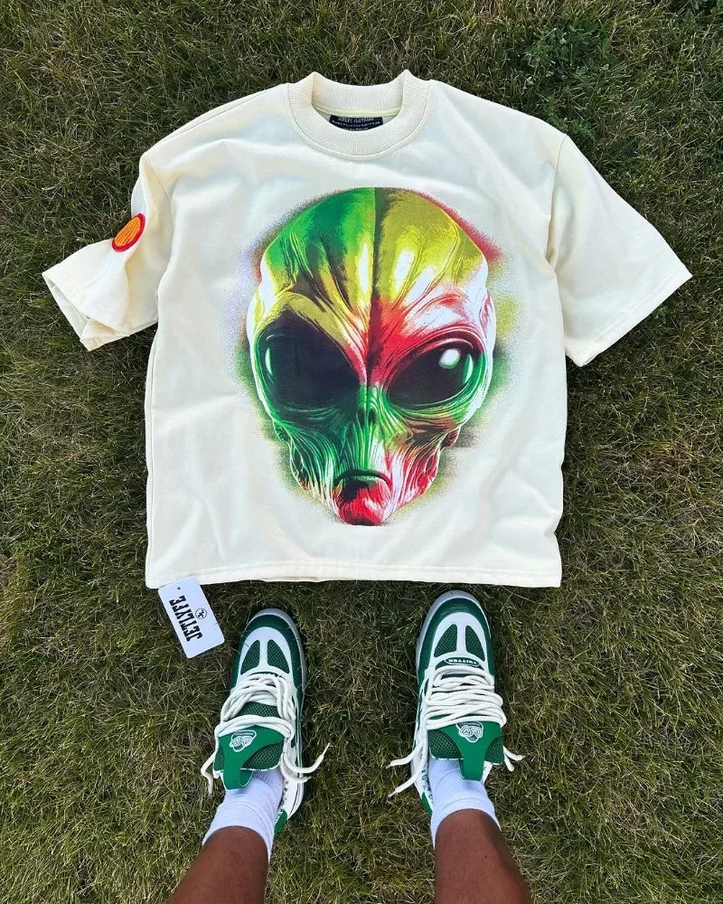 Retro Fashion Anime Print Oversized Short-sleeved Tops Women Y2k Street Fashion Brand Pure Cotton Round Neck Casual T-shirt Men