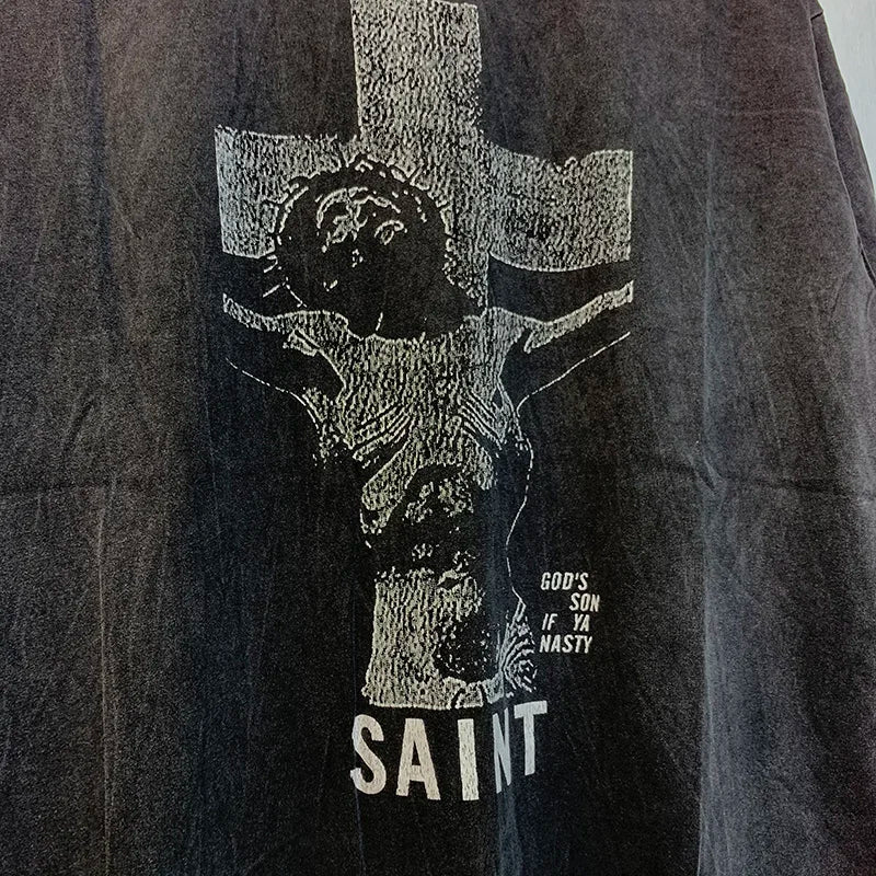 Skatercore Top – Saint T Shirt Men Woman 2024Ss High Quality Wash Black Skull – Urban Streetwear for Men & Women