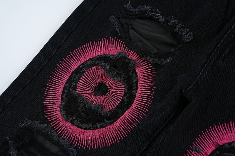 y2k streetwear embroidered ripped wide jeans for men washed destroyed torn flared jean male tassels hip hop jeans pants baggy unique jeans style 701
