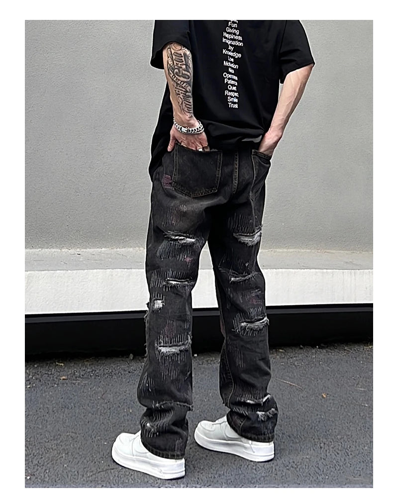 harajuku irregular scratched ripped holes denim jeans men zipper jeans hip hop streetwear new casual straight joggers jean pants unique joggers style 3954