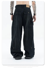 Washed and worn multi-pocket cargo jeans