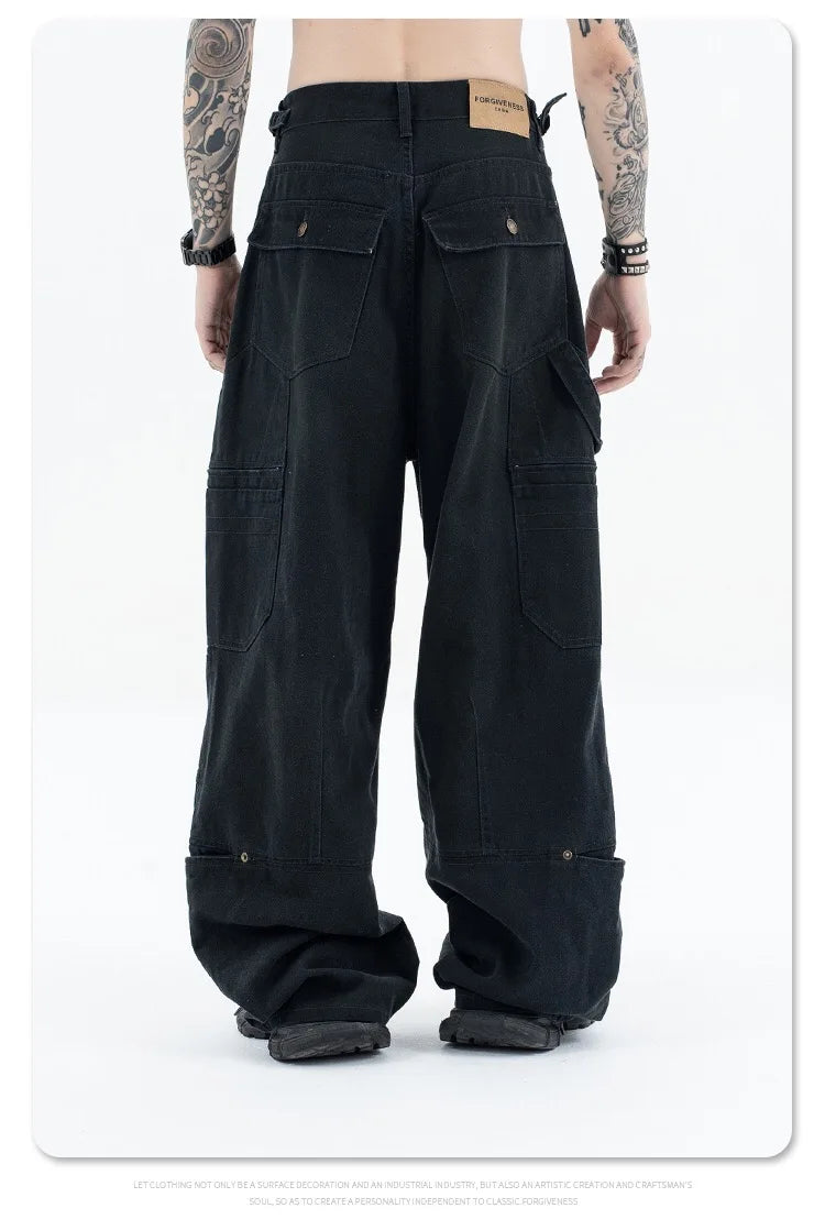 Washed and worn multi-pocket cargo jeans