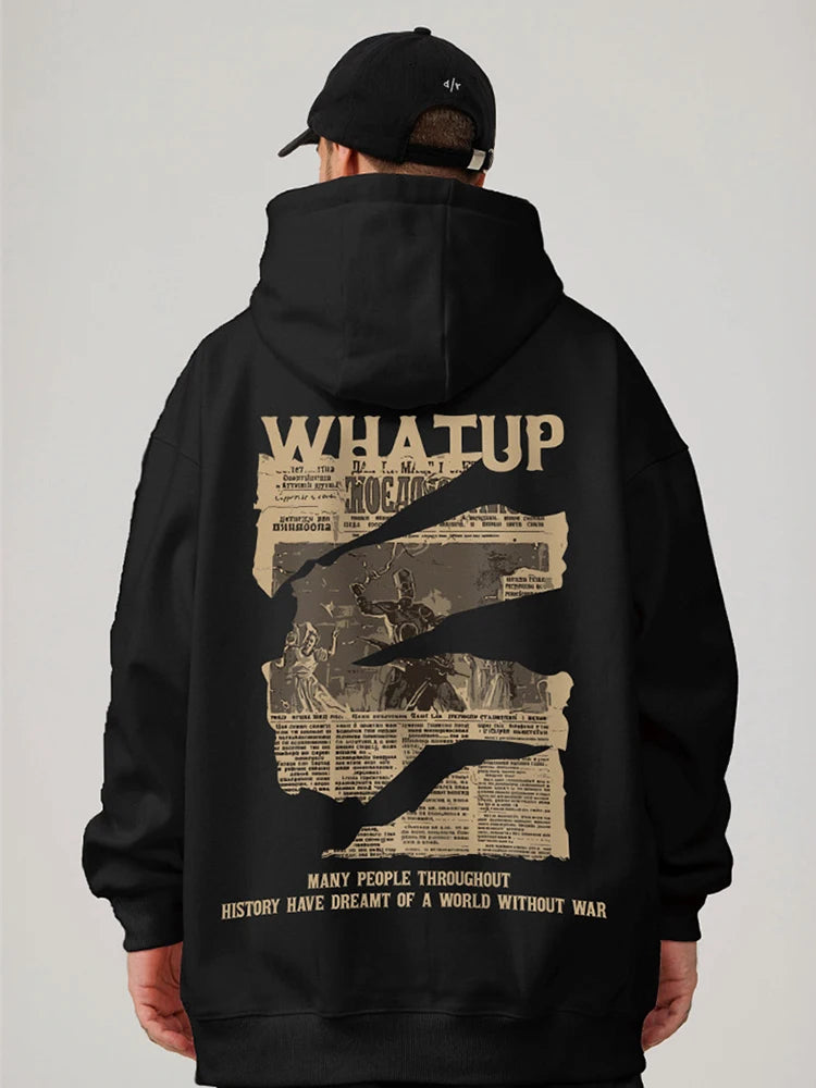 New Gothic Newspaper Graphic Print Hooded Sweatshirt For Men Fleece Hip Hop