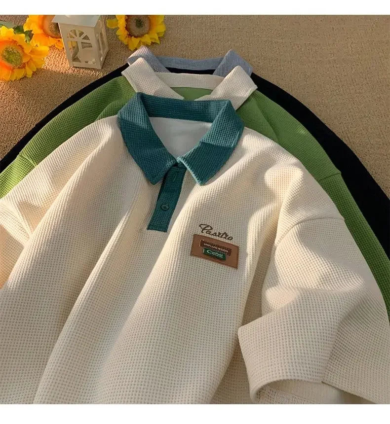 Hip Hop American Street Men and Women Trendy Personality Polo Shirt Short sleeved Summer Waffle Vintage Casual Tops harajuku y2k