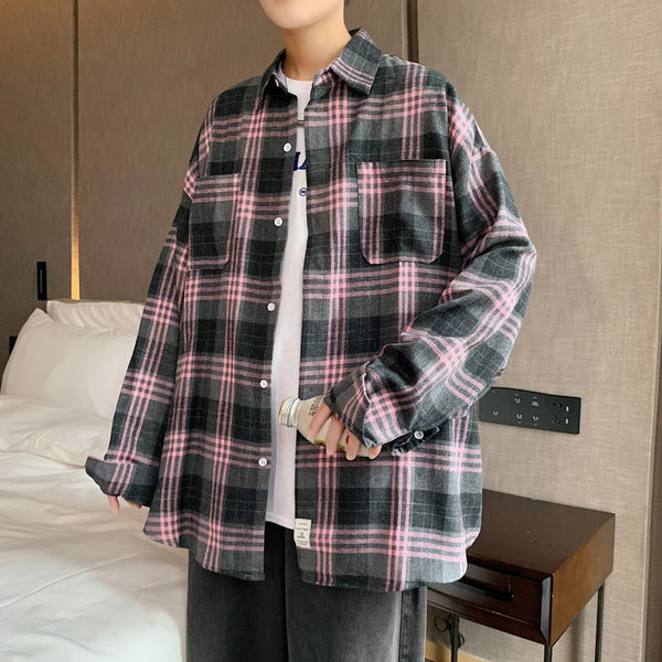 Autumn Long Sleeved Shirt Men Oversized Vintage Plaid Shirt Men Streetwear Korean Loose Casual Shirt Mens Large Size 5XL