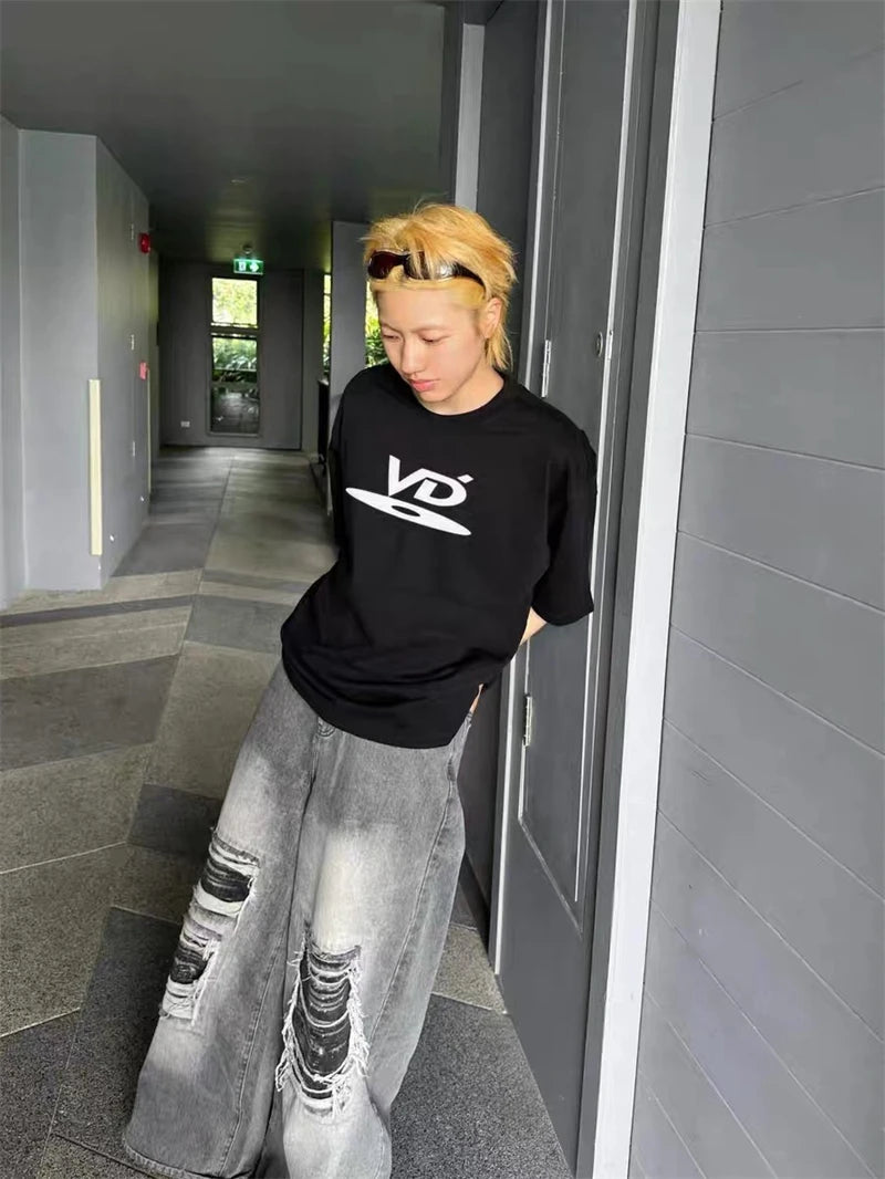 Vintage High Street Black and White Disc Letter Embroidered Round Neck Short Sleeve Heavy Duty Casual Loose T-shirt Hip Hop