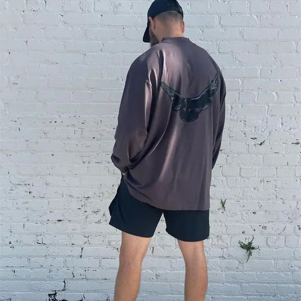 Y2k Tribal flame – Kanye White Pigeon Washed Old Vintage Loose Sleeve Round Nec