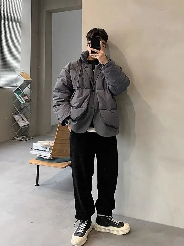 Korean street trend men and women retro personality fake two piece design couple winter loose thick casual jacket top harajuku