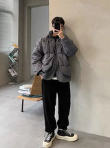 Korean street trend men and women retro personality fake two piece design couple winter loose thick casual jacket top harajuku