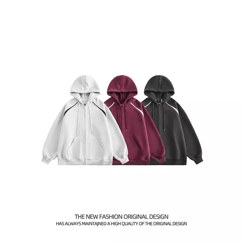 American Street Ins Gray Hooded Sweatshirt Jacket for Boys Retro Street Y2K Loose Splicing Contrasting Zipper Cardigan Top