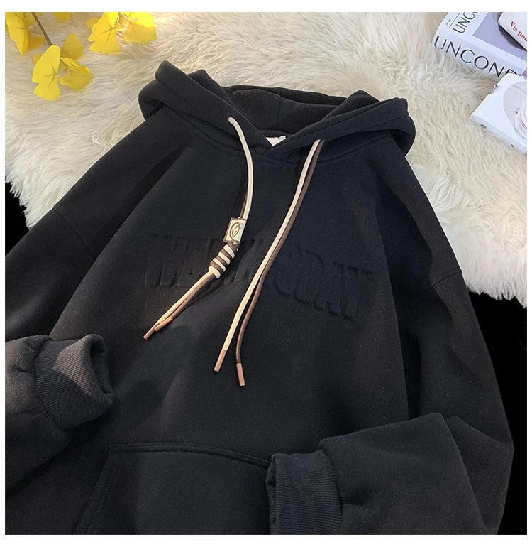 Embossed Letters Casual Hooded Sweatshirt Basic Colours Drawstring Cla