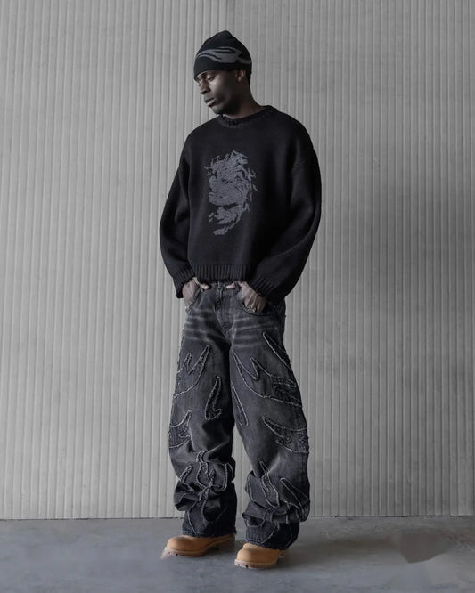 hip hop y2k retro black baggy jeans for men punk raw edge embroidery jeans vintage pattern patchwork high waisted denim pants denim street jeans