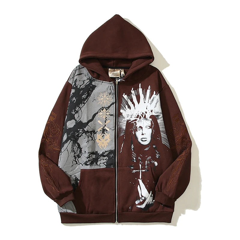 skatercore crying character featuring 2023 high street mysterious queen rose embroidery zip hoodie loose relaxed hoody mens and womens speckle ink hoodies hip hop