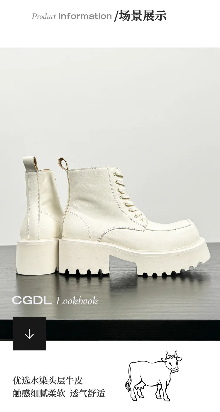 Men's Genuine Leather High Sole Platform Streetwear Fashion Casual Increase Boots Male Punk Gothic Rock Motorcycle Boots Shoes