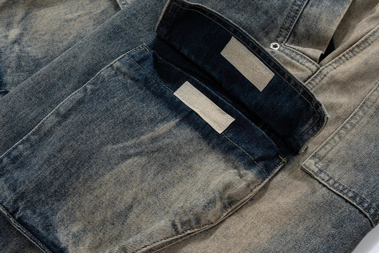 fashion denim baggy cargo jean pants men hip hop elastic waist wide legs retro washed jeans side pocket streetwear jeans joggers unique joggers style 4498