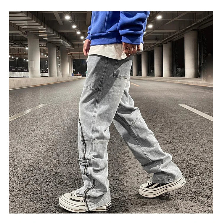 fashion denim straight pants hip hop jeans with zipper streetwear trousers new summer casual joggers men designer jeans for men unique joggers style 1154