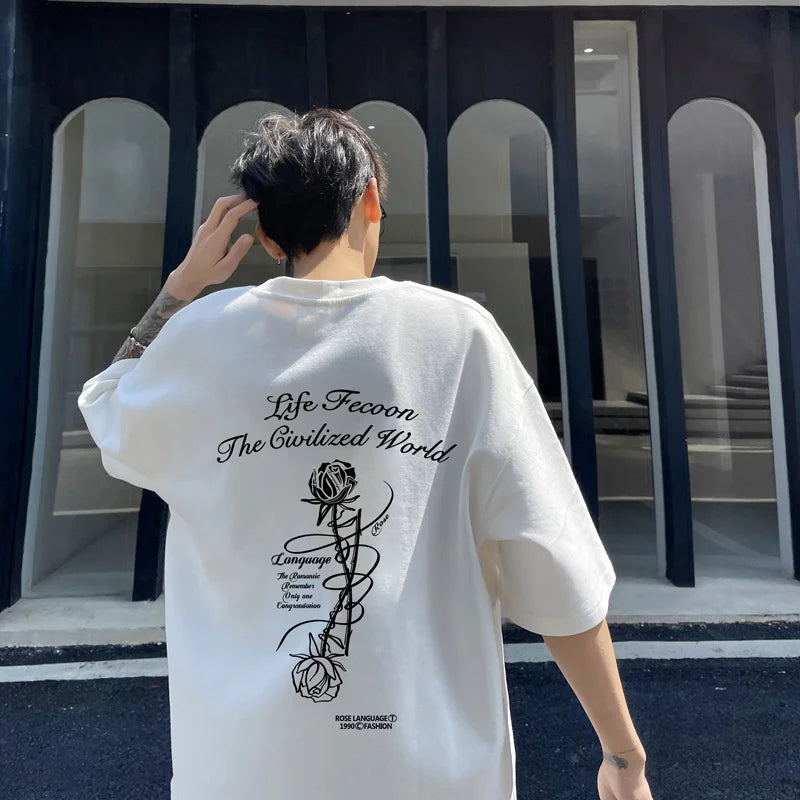 Y2k Angelcore design – Gothic Letter Rose Printed T Shirt Men Hip Hop Fashion Overs
