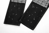 black white checkered patchwork straight leg denim trousers men hip hop splashed ink logging pants jeans slim fit washed torn unique jeans style 569