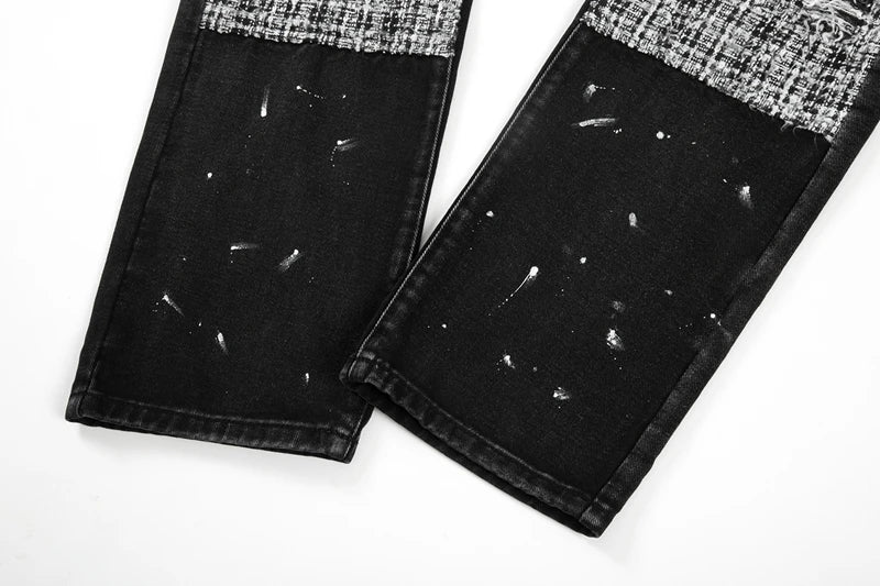 black white checkered patchwork straight leg denim trousers men hip hop splashed ink logging pants jeans slim fit washed torn unique jeans style 569