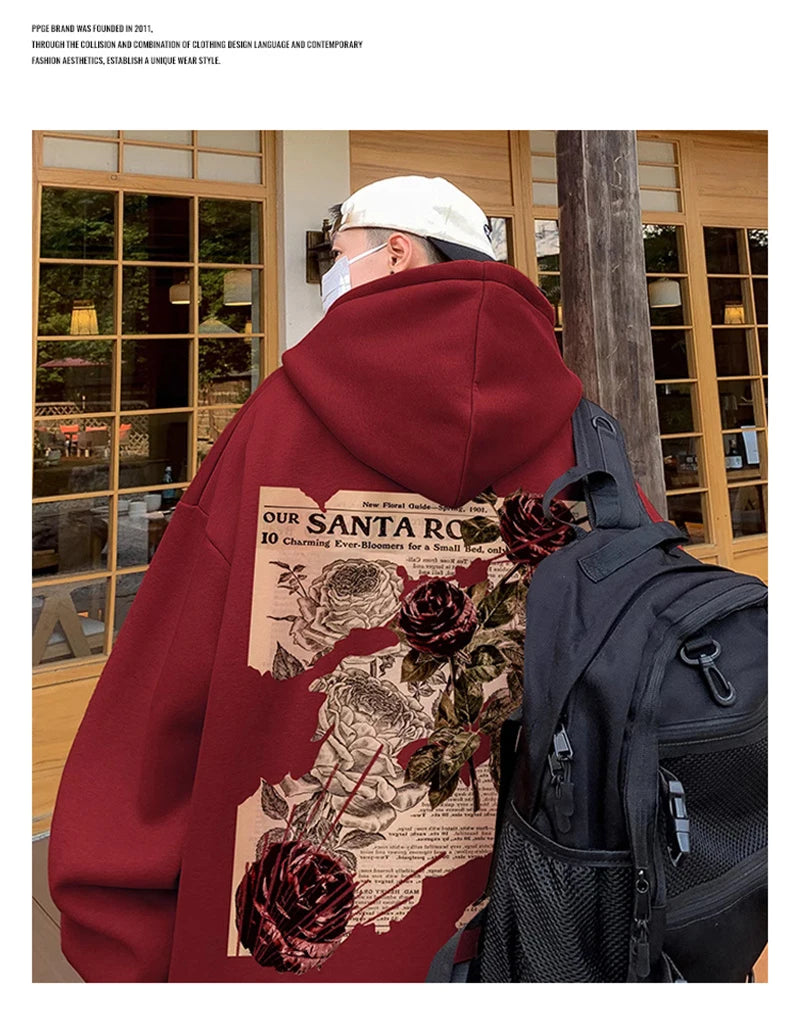 Y2K Vintage Rose Graphic Print Hoodies For Men Goth Fashion Streetwear Clothes Casual Fleece Hip Hop Loose Pullover Sweatshirts